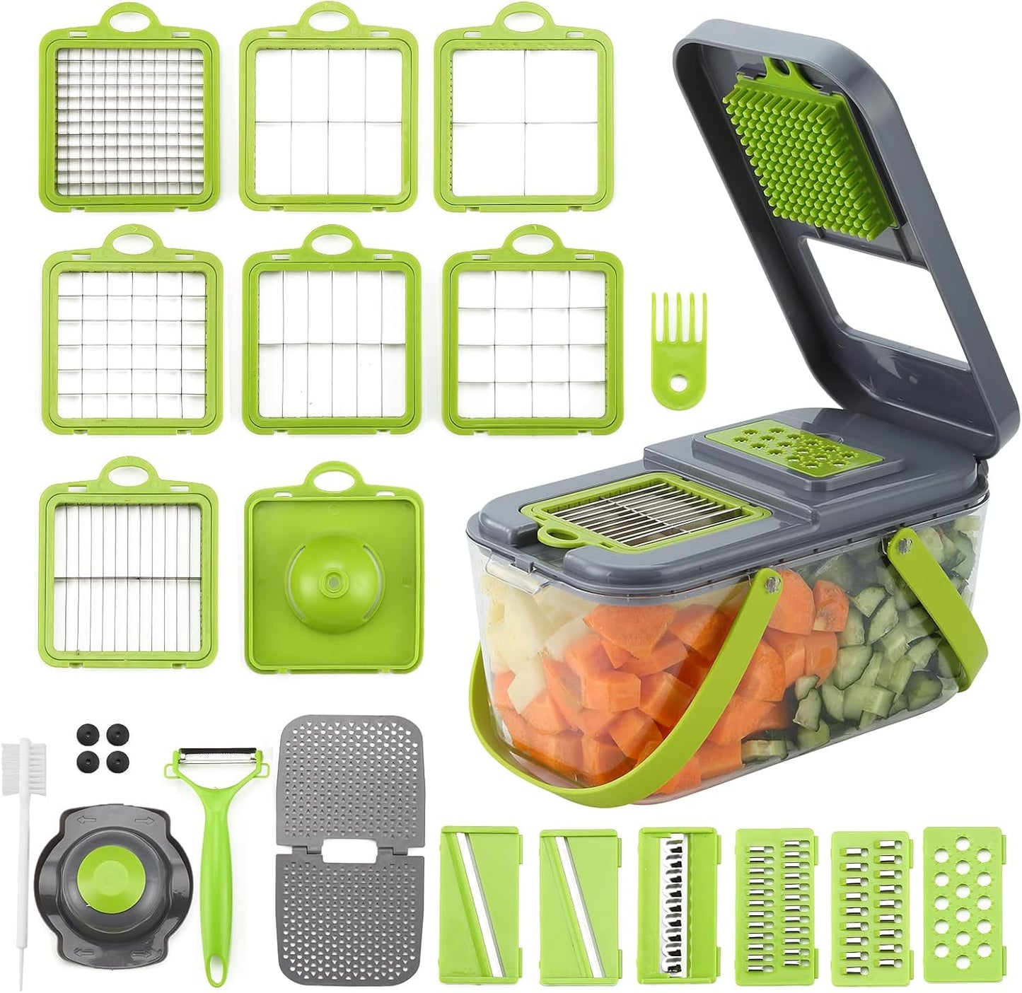 22PCS Multi-function Vegetable & Fruit Chopper, Mandolin Food Slicer, Veggie Shredder with Container, Essential Kitchen Gadgets (22 in 1, Gray)