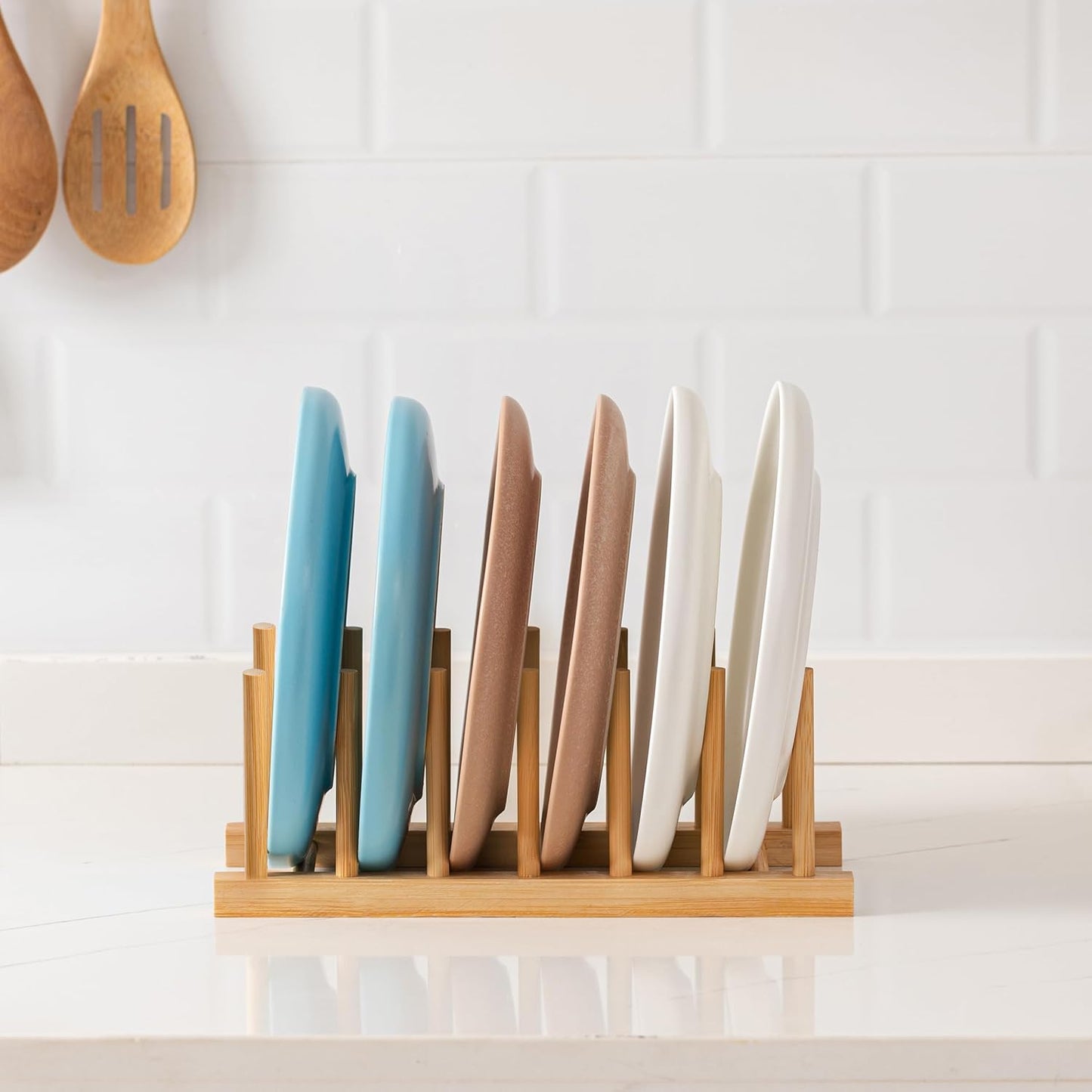 HBlife 4pcs Bamboo Dish Plate Bowl Cup Book Pot Lid Cutting Board Drying Rack Stand Drainer Storage Holder Organizer Kitchen Cabinet（Keep Dry）