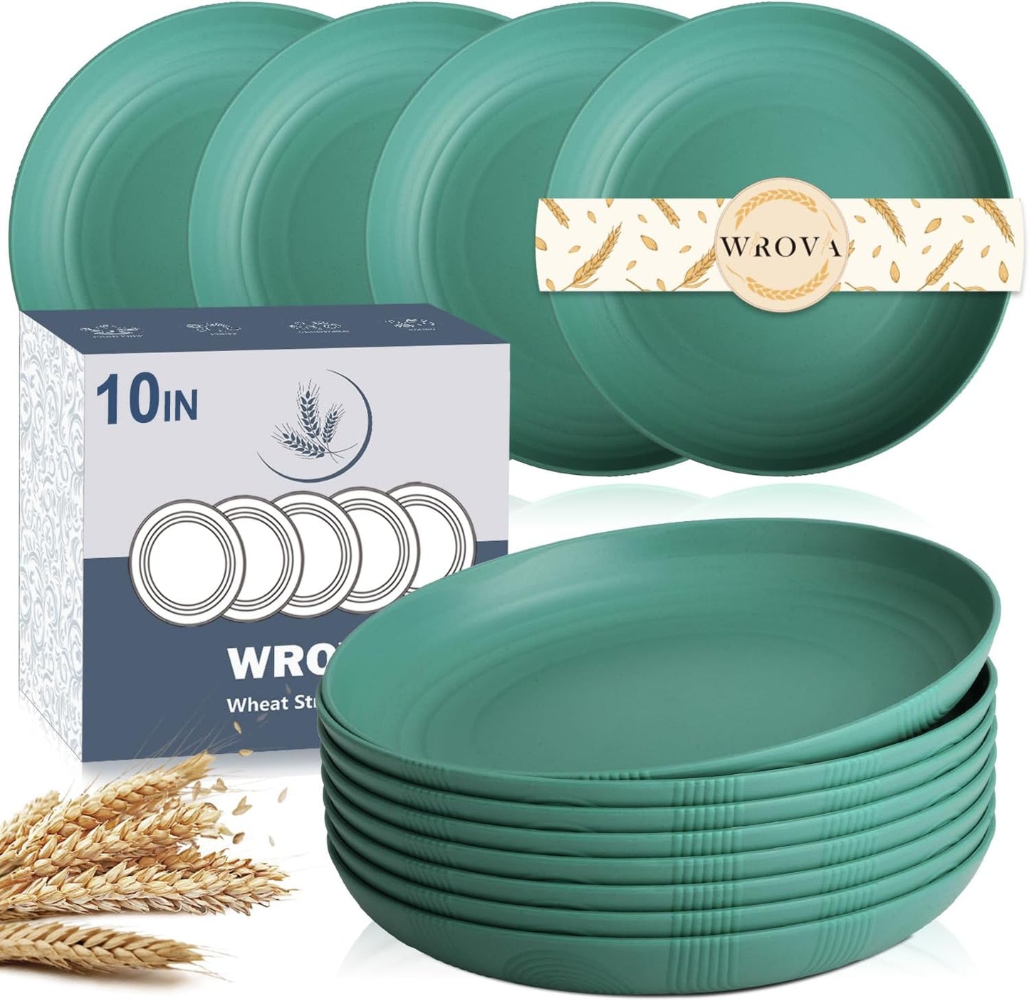 Wrova Wheat Straw Plates - 10 Inch Unbreakable Dinner Plates Set of 8 - Dishwasher & Microwave Safe Plastic Plates Reusable for Indoors and Outdoors (Green)
