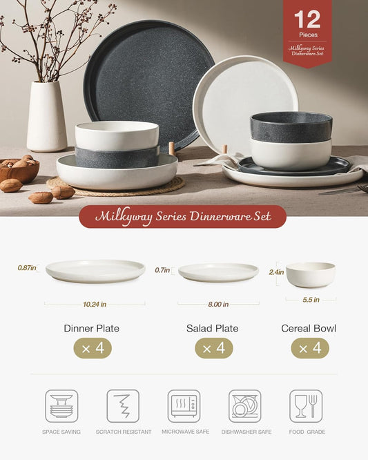 Famiware Milkyway Plates and Bowls Sets, 12 Pieces Dinnerware Sets, Reactive Glaze Dish Set, Stoneware Dishes Set for 4, Matte White & Matte Dark Charcoal