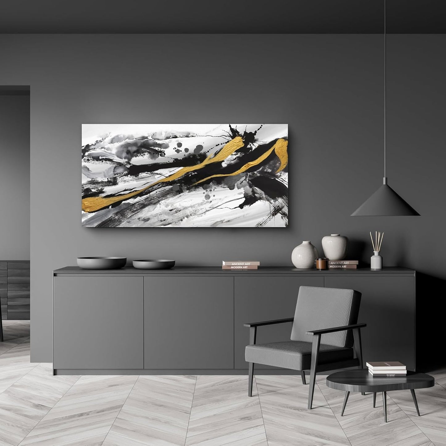 XLSJERST Black and White Abstract Wall Art - Canvas Wall Art for Living Room Bedroom Modern Gold Ink Painting Style Picture Artwork for Wall Decor Size 24x48 Inches