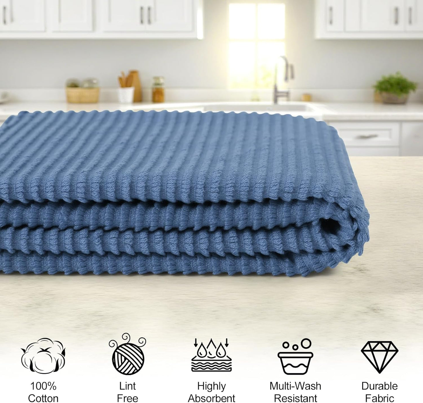 Homaxy Premium Kitchen Towels (18"x 28", 6 Pack), Large 100% Cotton Kitchen Hand Towels, Ultra Absorbent Ribbed Terry Tea Towels Set with Hanging Loop, Navy Blue