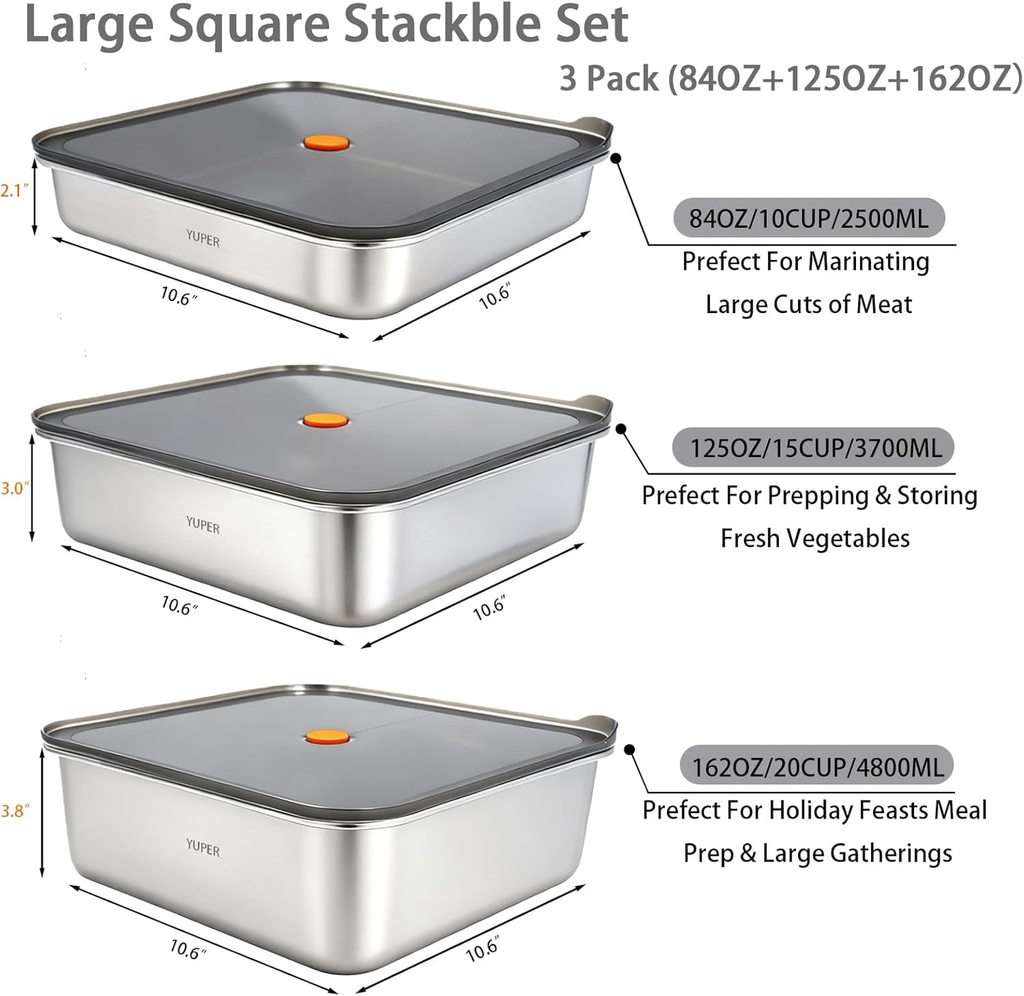 YUPER Stainless Steel Food Storage Containers, Large Meal Prep Container Sets with Lids, BPA Free, Leak Proof & Airtight, Microwave, Dishwasher, Fridge, Freezer & Oven Safe, 3 Pack (84+125+162OZ)