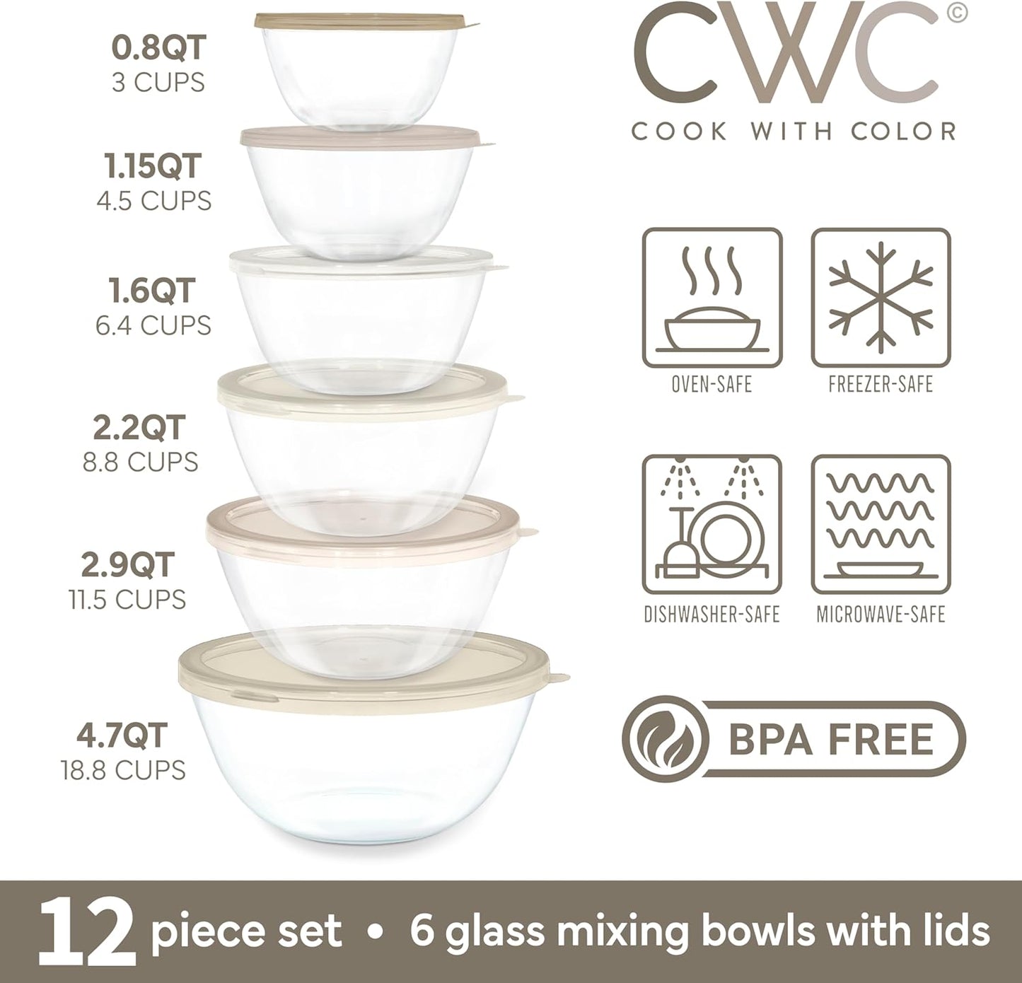 COOK WITH COLOR 12 Pc Glass Mixing Bowl Set with Lids – Borosilicate Glass Nesting Bowls for Cooking, Baking and Meal Prep, Brown