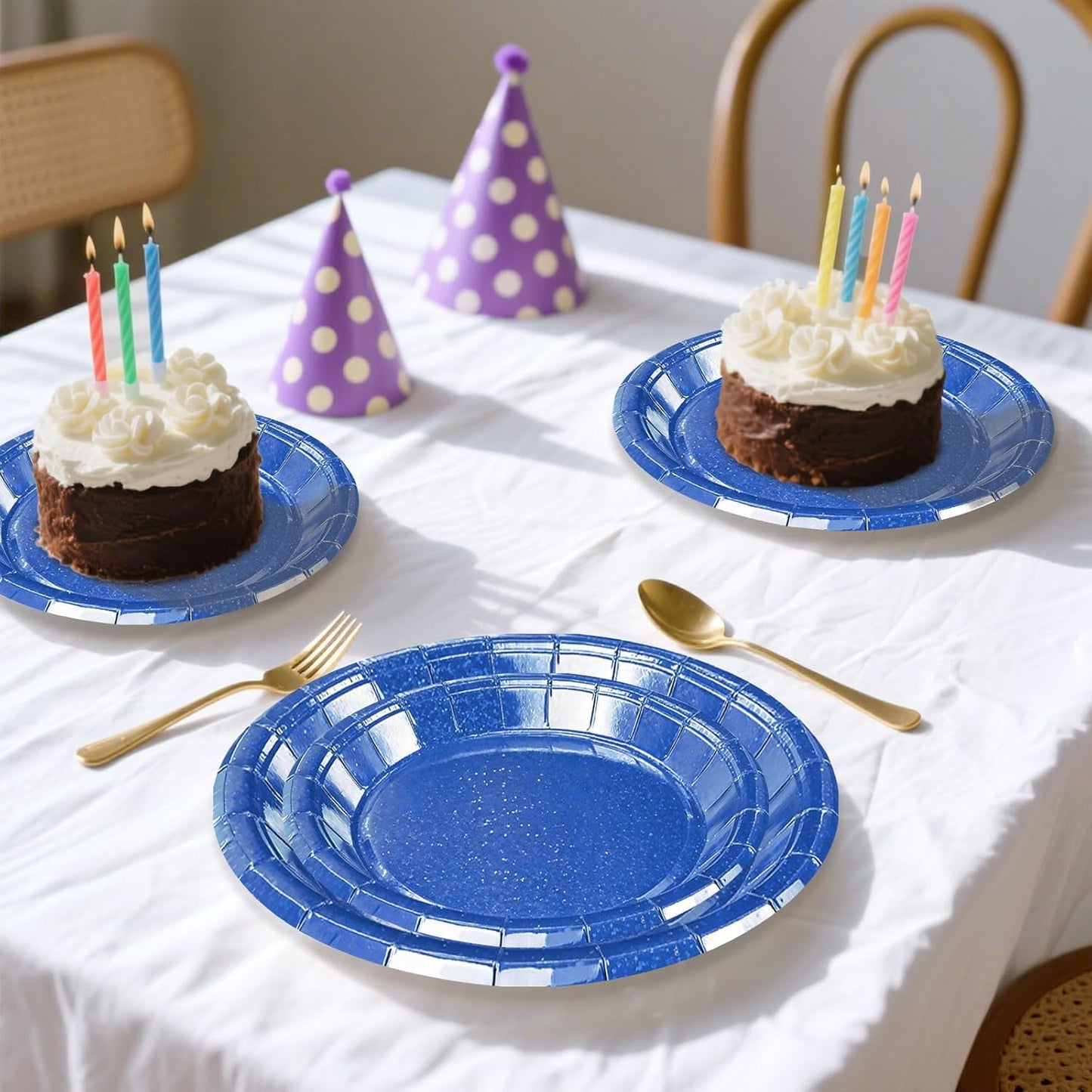 50 Pcs Iridescent Royal Blue Paper Plates 25 × 7'' and 25 × 9'' Disposable Blue Shiny Holographic Foil Dinner Plates for Wedding Baby Shower Birthday Disco Party Glitter Dessert Plate