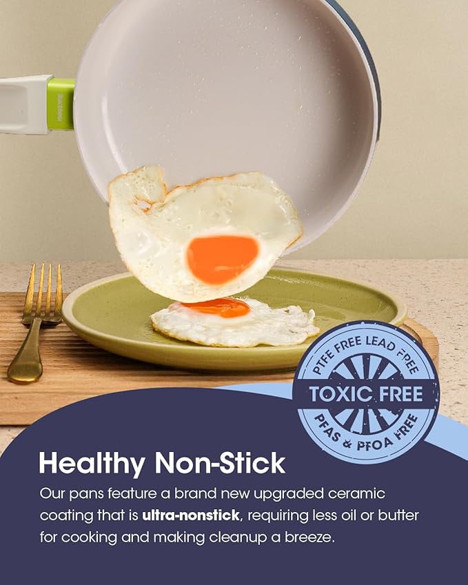 Ceramic Non Stick Sauce & Frying Pan Set, 2.5QT Saucepan, 7" Egg Omelette Pan & 18/10 Stainless Steel Steamer, Induction Cookware Set for Quick Meals, PTFE, PFOA & PFAS Free, Light Blue