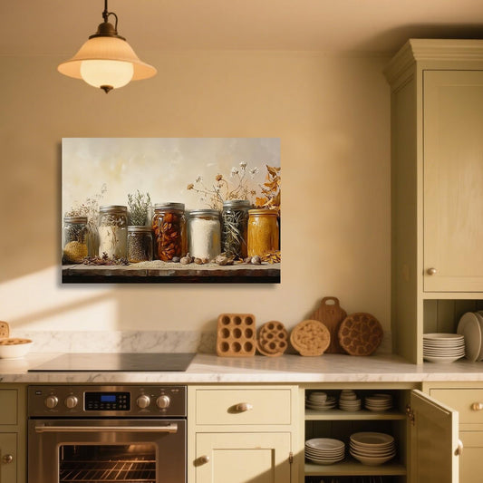 ZSHARTSWD Farm Kitchen Wall Art Country Mason Jar Spice Pictures Still Life Culinary Canvas Print Vintage Spices Food Painting Dining Room Home Decor Framed (Brown, 24.00" x 36.00")