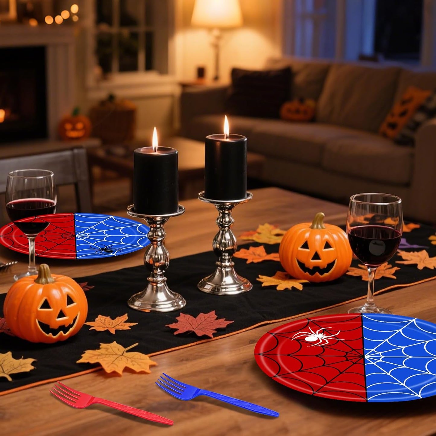 100 Pcs Spider Web Tableware Party Supplies – Disposable Red and Blue Web Paper Plates, Napkins, and Forks for Superhero Birthdays, Kids Parties, and Comic Theme Celebrations – Serves 25
