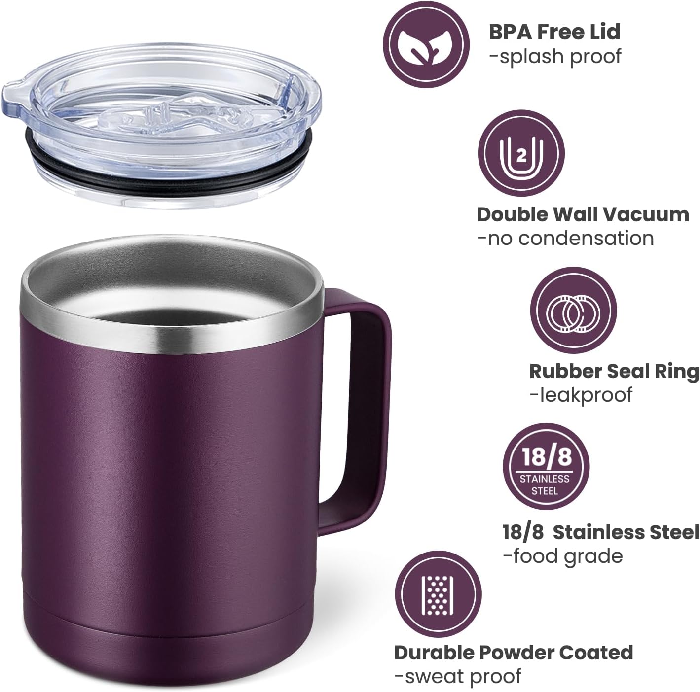 MEWAY 12oz Coffee Mug With Handle and Sliding Lid,Stainless Steel Travel Tumbler Cup with Handle,Double Wall Vacuum Insulated Camping Cup for Hot & Cold Drinks Tea (Plum,Set of 1)
