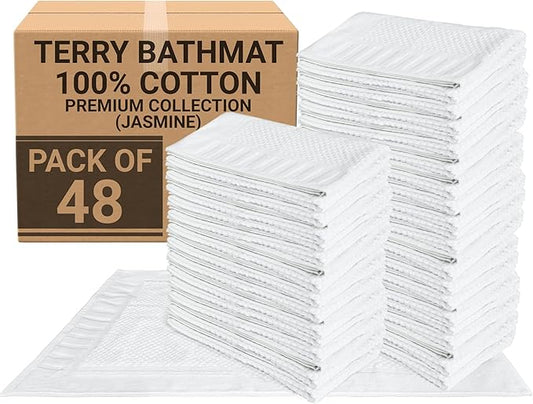 Bulk Hotel Bath Mats – 48 Pack (20x34) Premium White 100% Cotton Bath Mat – 4 Dozen Lightweight, Quick-Dry, Anti-Slip, Machine-Washable Mats for Hotels, Gyms, Spas & Commercial Use