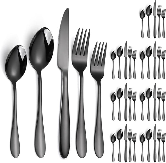 Black Silverware Set for 8 Stainless Steel Flatware include Spoon Fork Knife Heavy Cutlery 40 Pieces for Restaurant Parties and Everyday Kitchen Utensils
