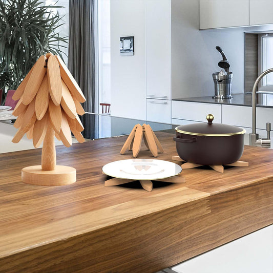 Wooden Trivets for Hot Dishes,Tree Shape Trivet Set, 4 Wooden Trivets+1 Stand, Natural Foldable Kitchen Wooden Trivet for Hot Dishes、Pot、Bowl、Teapot、Hot Pot Holders (Beech Wood)