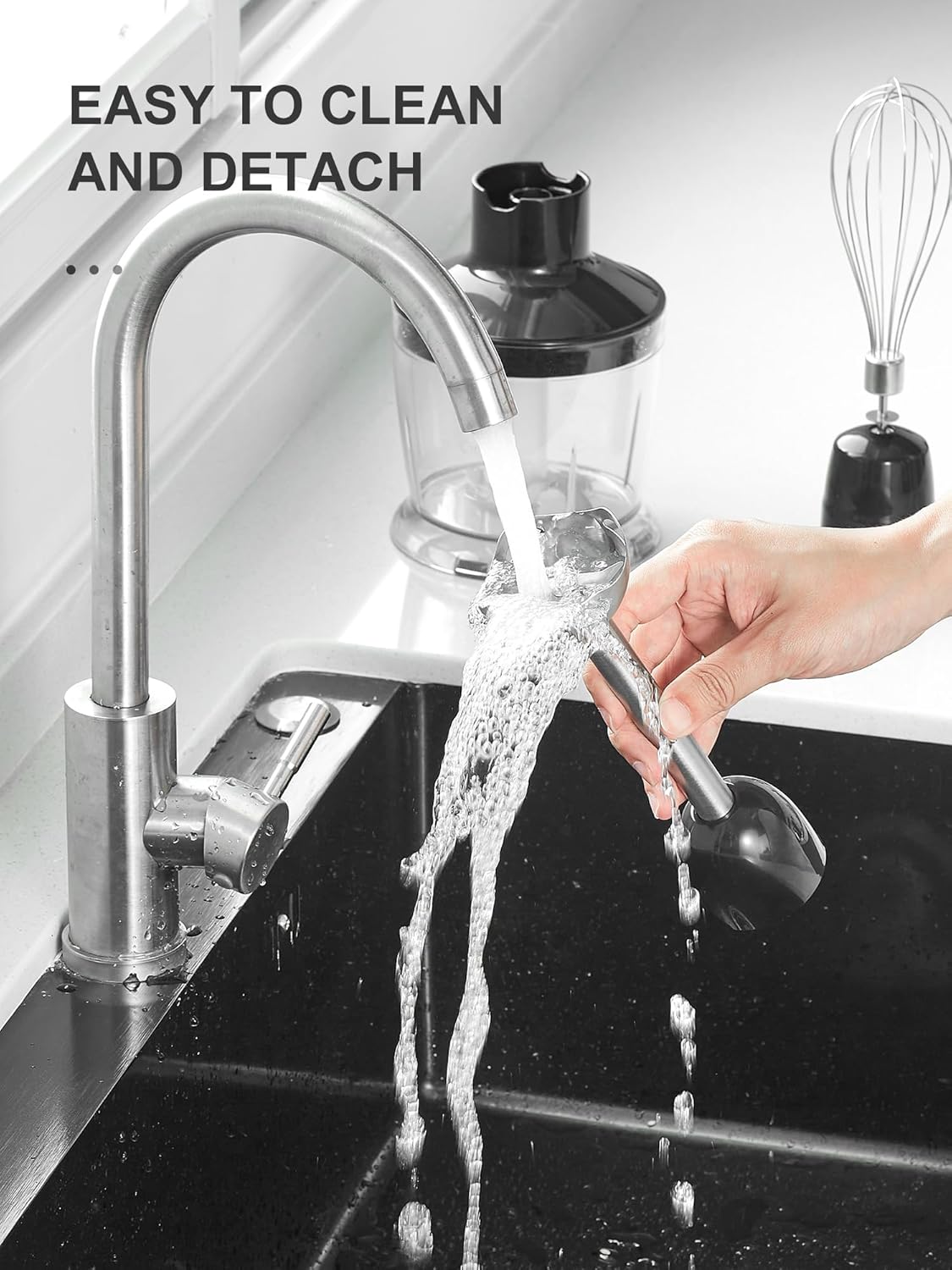 Reemix Immersion Blender, 5 in 1 Hand Blenders, 1000W Copper Motor Handheld Blender with Frother, Whisk, Beaker, Chopper Attachements, Stainless Steel Blades, Black