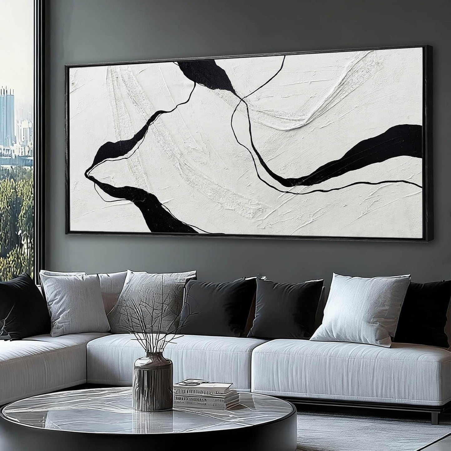 MLART99 Abstract Black and White Textured Canvas Minimalist Wall Art Modern Monochrome Painting - 32x70 Inch Contemporary Decor for Living Room Entryway