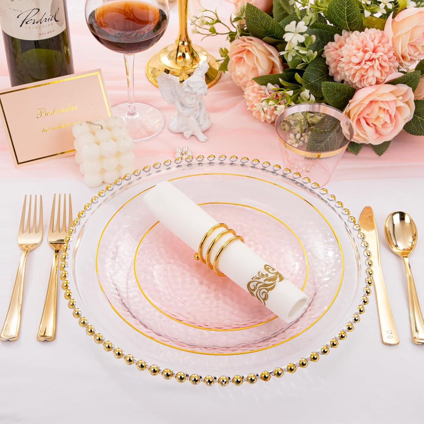 DaYammi 175 Pcs Pink Plastic Plates Dinnerware Set (25 Guests), Pink Disposable Plates With Gold Rim, Hammered Party Platos Set Include Dinner Platos, Dessert Plates, Cups, Cutlery for Party