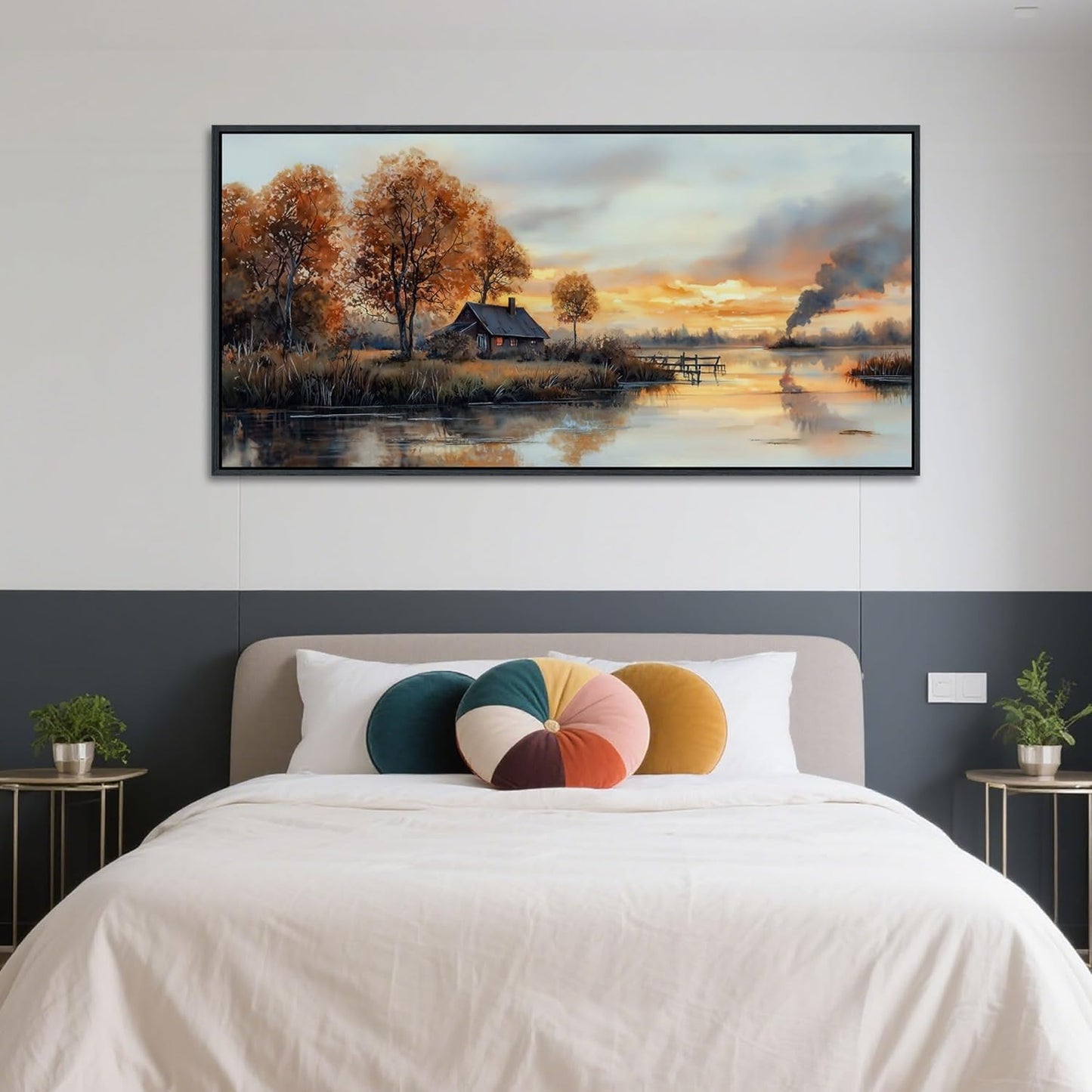 QZQCBLC Large Canvas Wall Art, Sunset Clouds Tree Cabin Landscape Pictures Lake View Farmhouse Orange Tone Painting Framed Artwork for Living room Bedroom kitchen Home Office Decor 29x58 IN
