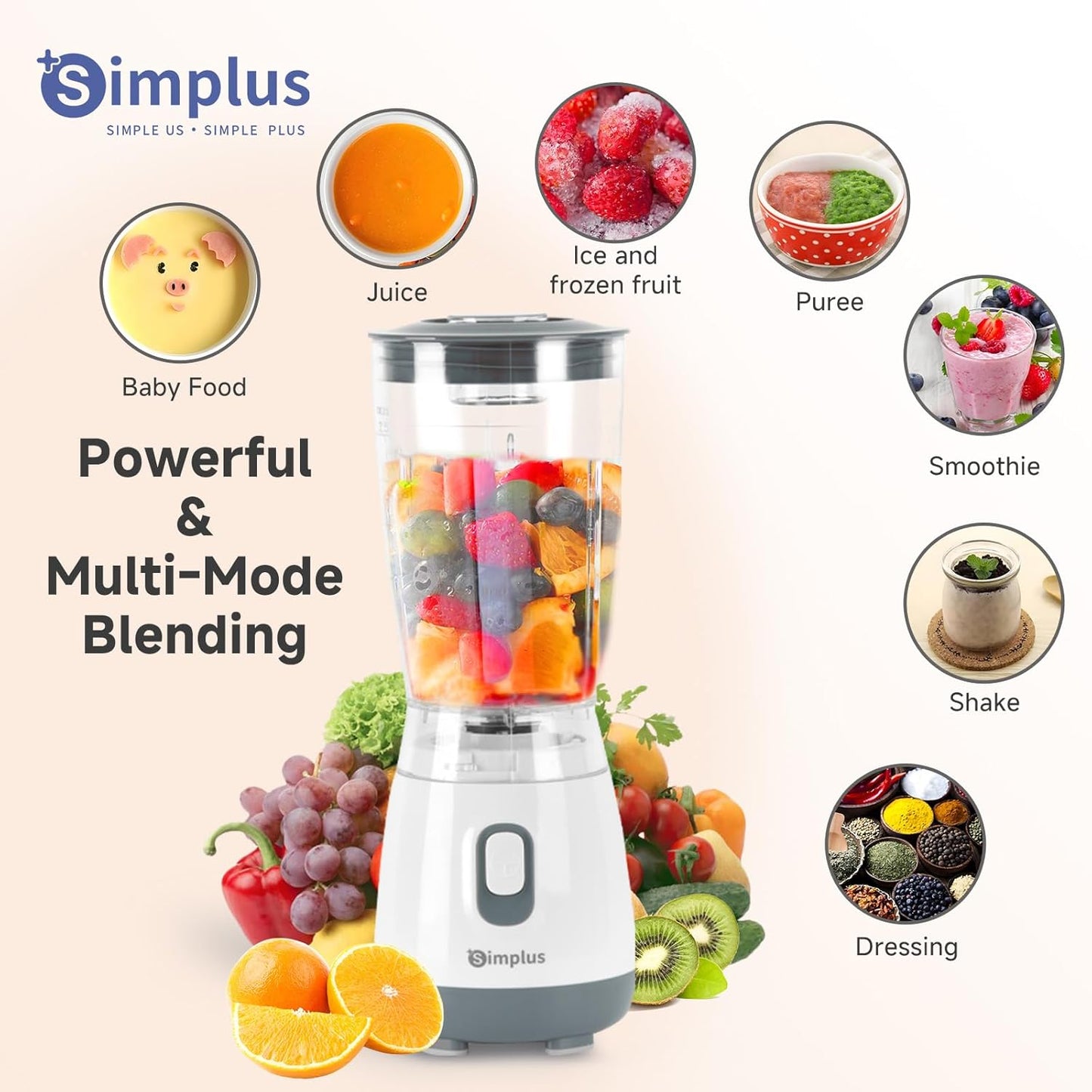 SIMPLUS Blender for Smoothies, 20 Oz BPA-Free Portable Small Blenders for Kitchen, Mini Juicer for Shakes, Protein Drinks, Baby Food, 300 Watts Blender & Food Processor, Stainless Steel Cutter, Grey