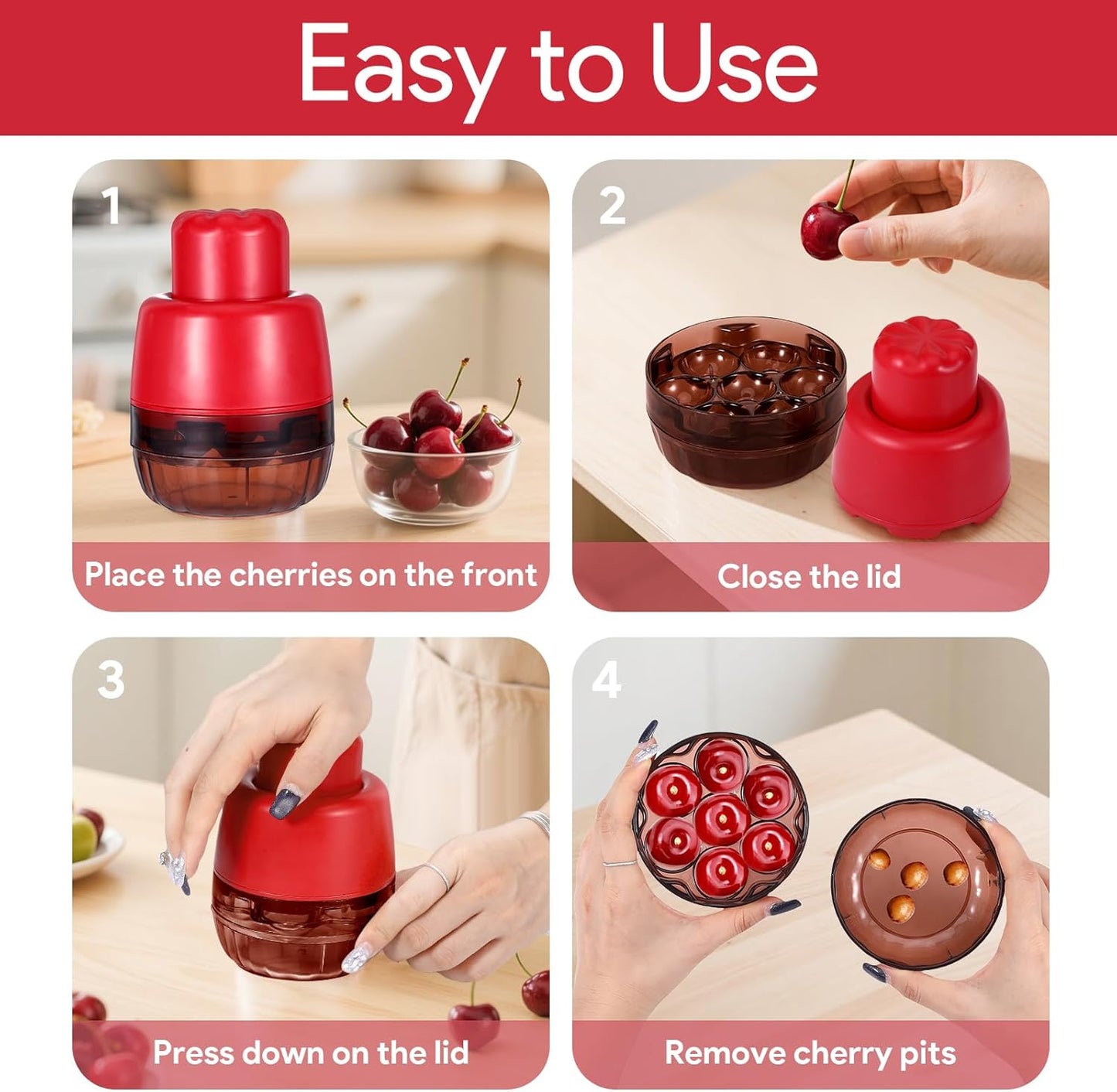 7-In-1 Cherry Pitter Tool Pit Remover,Multiple Olive Pitter Tool,Cherry Seed Remover,Fruit Corer Tools for Kitchen,Cake Shop,Fruit Salad for Home Kitchen Tools(Transparent Red)