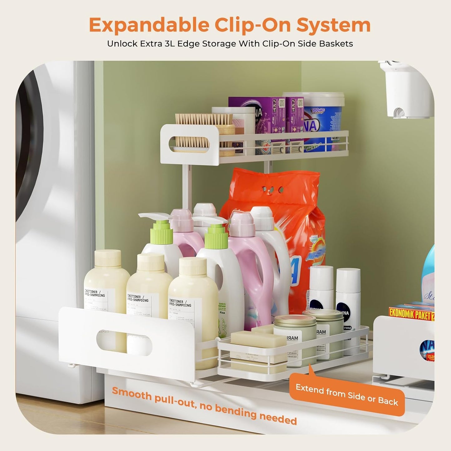 Delamu 2 Pack Metal Bathroom Organizers and Storage, 2 Tier Pull Out Under Sink Organizer with 2 Small Baskets, Adjustable Under Sink Shelf for Multipurpose Cabinet Organizer, White