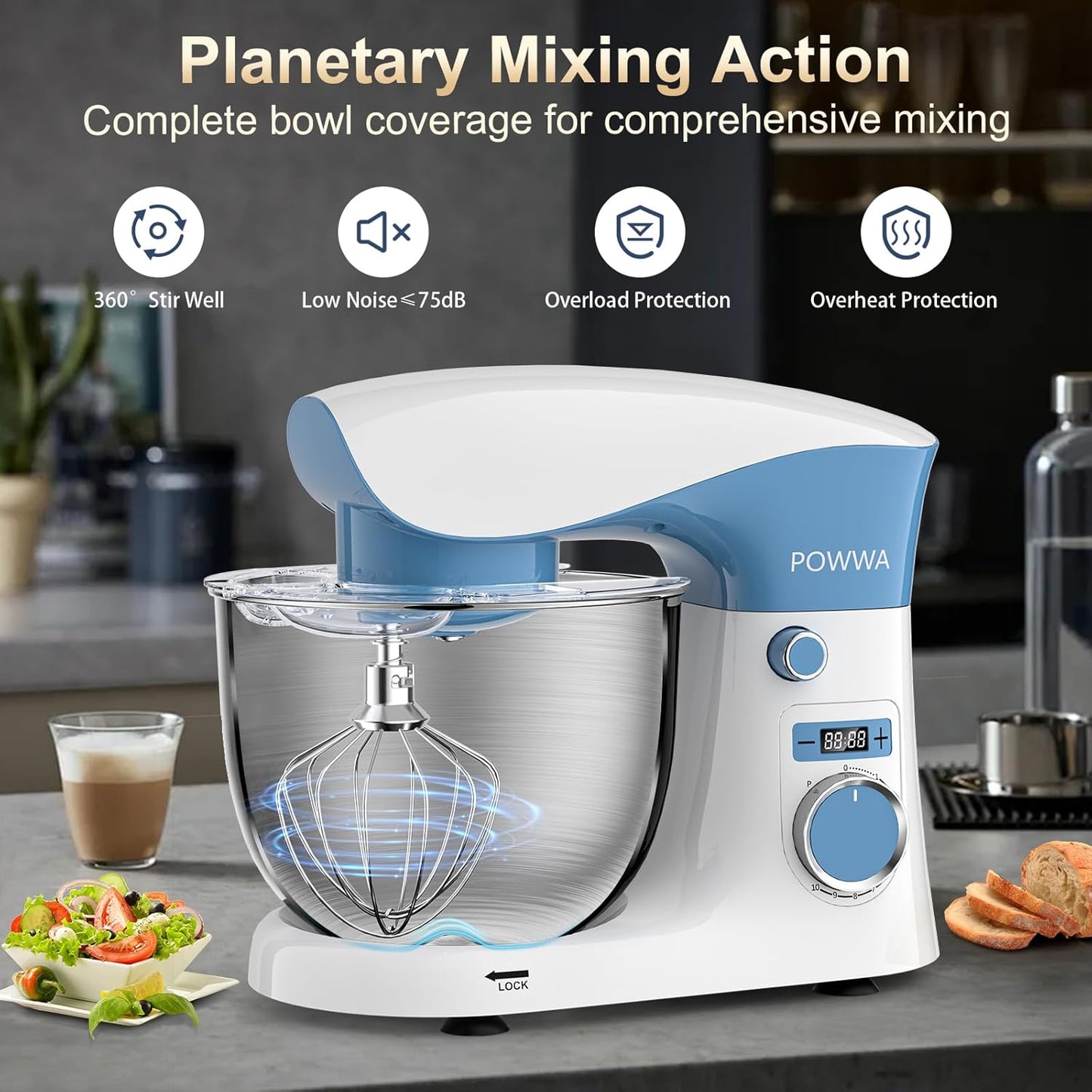 Stand Mixer, POWWA 6.5 QT 10 Speeds Tilt-Head Electric Stand Mixer, 3-In-1 Kitchen Mixer with Bowl, Dough Hook, Whisk and Beater, Food Mixer for Baking and Daily Use (White Blue)