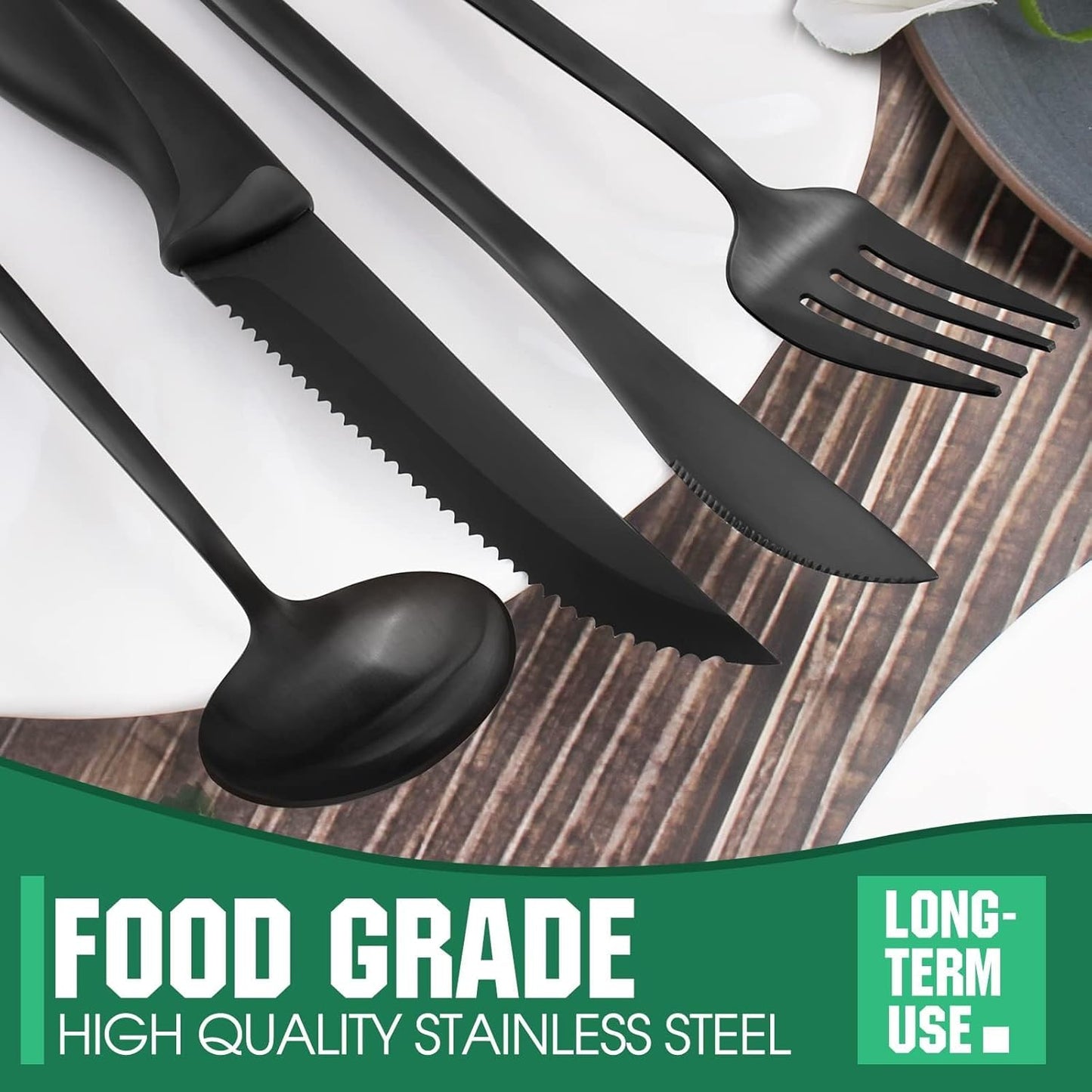 48 Pieces Matte Black Silverware Set with Steak Knives,Satin Finish tableware Cutlery Set,Black Flatware Set for Home and Restaurant,Knife Spoon And Fork Sets for ervice for 8