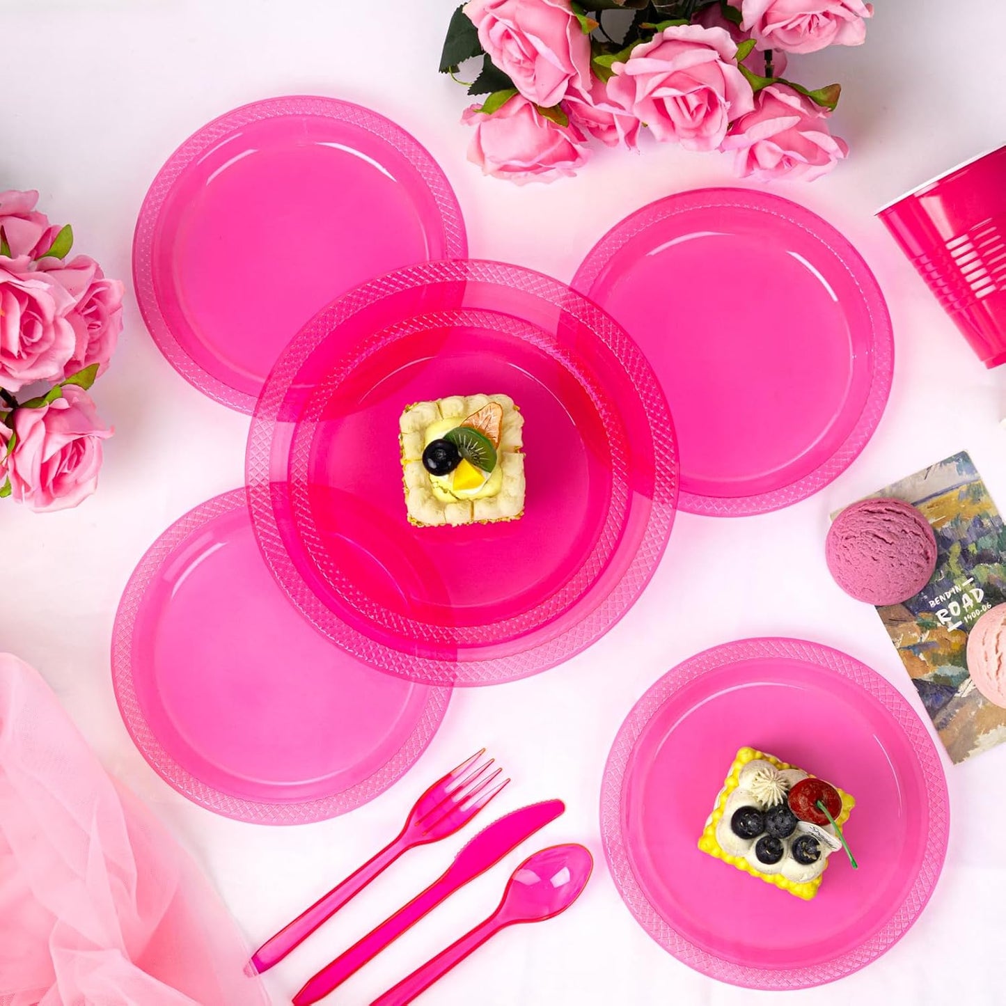 WELLIFE 210Pcs Hot Pink Plates,Clear Hot Pink Plastic Dinnerware Set,Party Supplies Including Clear Plates, 12OZ Cups, Plastic Cutlery and Paper Napkins Serve 30 Guests, Disposable Plates for Party