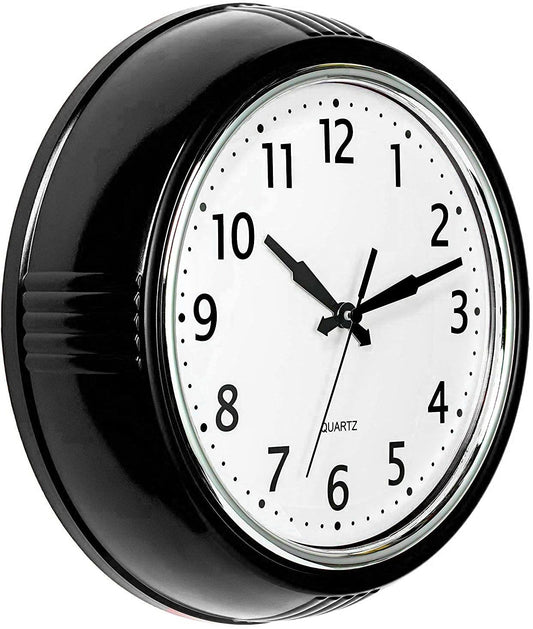 Bernhard Products Black Wall Clock Retro Silent Non Ticking 12 Inch Round Battery Operated Quality Quartz Easy to Read for Home Kitchen Office Classroom School Clocks Sweep Movement Vintage Décor