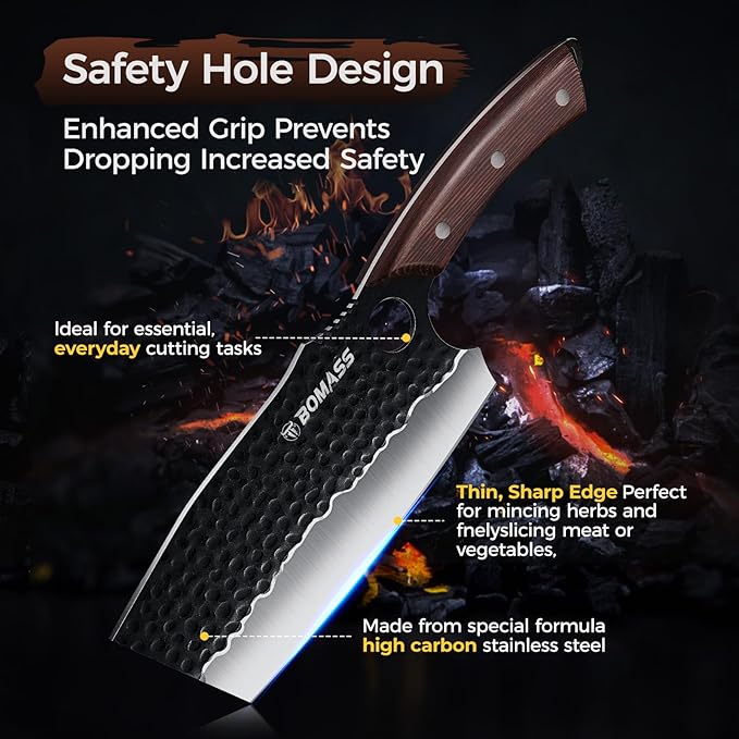 Meat Cleaver Butcher Knife Set of 13, Hand Forged Santoku Knife Paring Knife, High Carbon Steel Kitchen Boning for Meat Cutting with Roll Bag & Accessories Kitchen BBQ Gift for Men