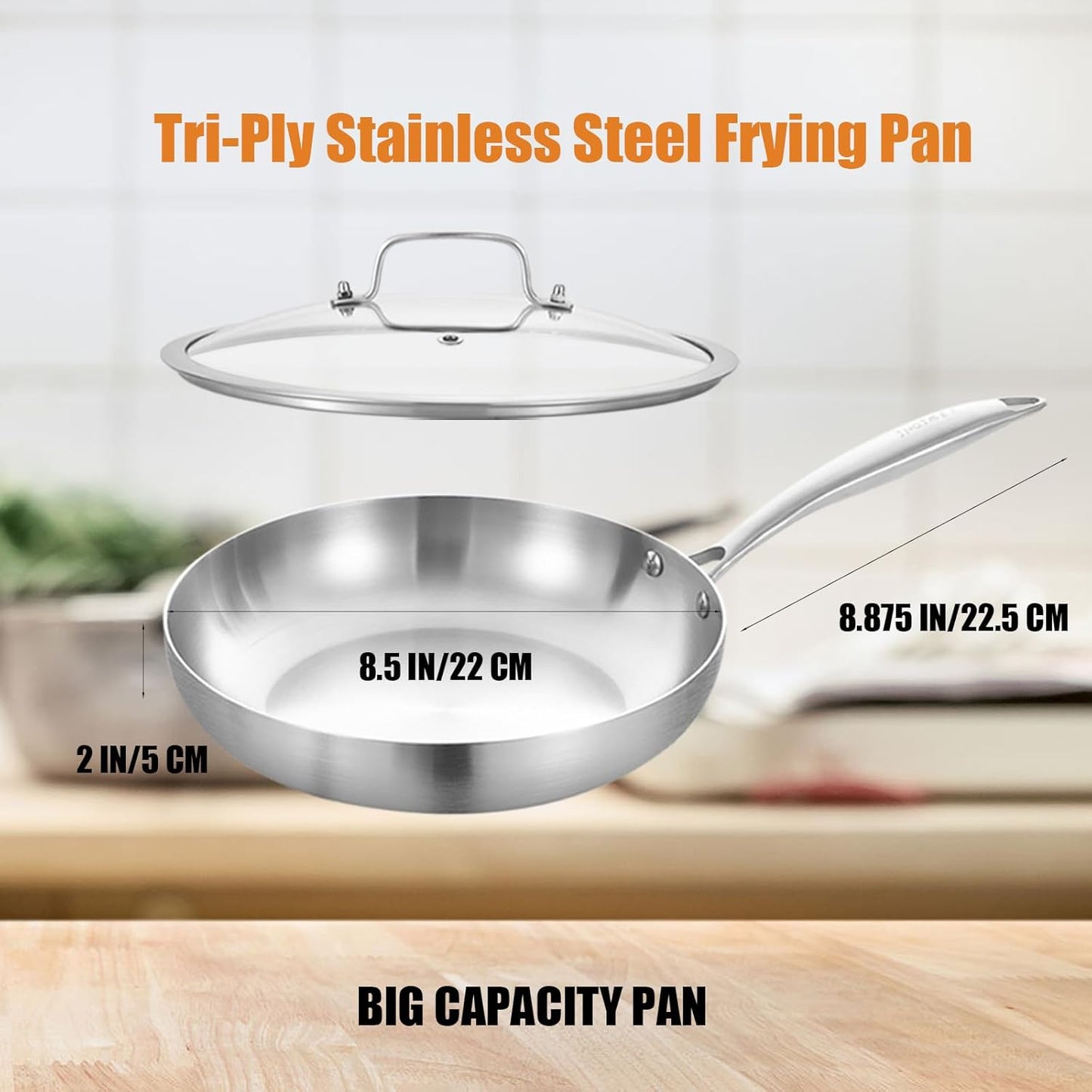 Inqibee 8.5 Inch Tri-Ply Stainless Steel Frying with Lid,Small Skillet,Induction Cooking Pan,Dishwasher and Oven Safe