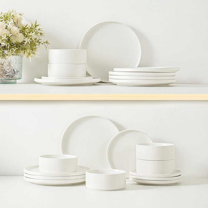 24 Piece Ceramic Dinnerware Set for 8, Modern Minimalist Stoneware Dinner Plates and Bowls, Microwave Safe, Dishwasher Safe, Versatile for All Seasons, Matte White