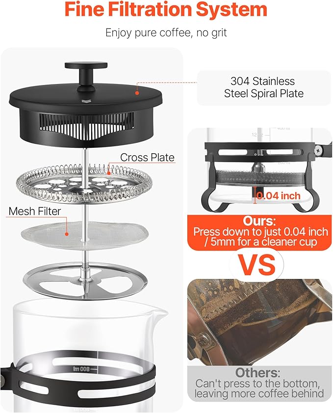 VEVOR French Press Coffee Maker, 34 Ounce 1 Liter Borosilicate Glass Coffee Press Tea Maker with Stainless Steel Filter, Large Glass French Presses Cold Brew for Camping Travel Home Kitchen, Black