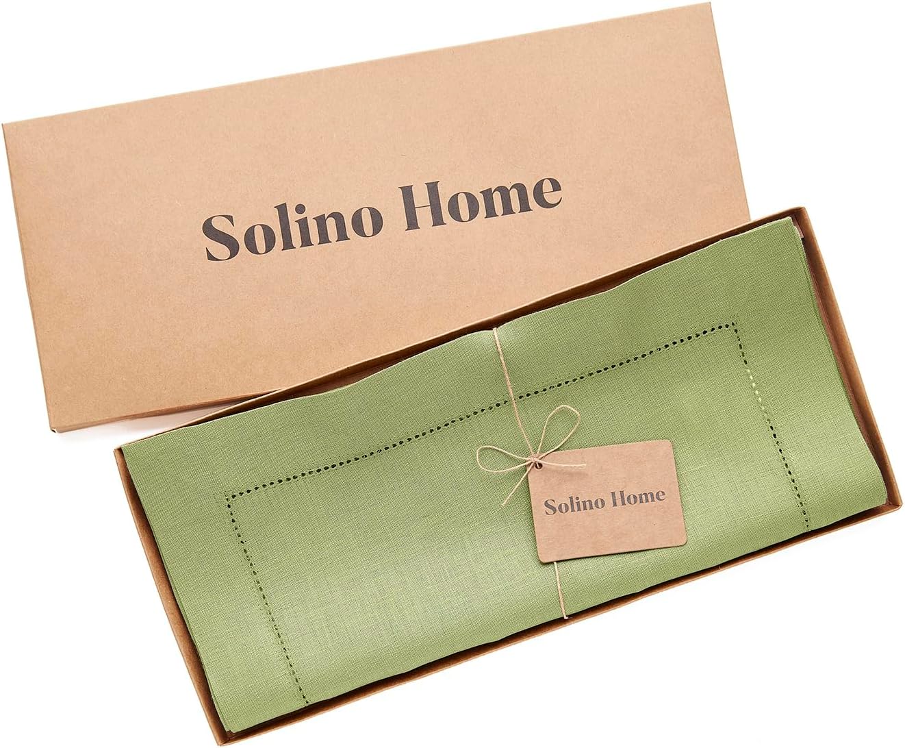 Solino Home Linen Moss Green Table Runner 132 Inches Long - 100% Pure Linen Extra Long Table Runner 14 x 132 Inch for Fall, Autumn, Thanksgiving - Classic Hemstitch