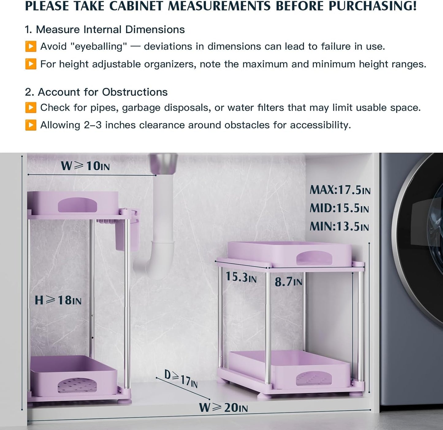 Under Sink Organizer - 2 Pack Adjustable Height, 2 Tier Organizers for Bathroom & Kitchen Sink, Purple