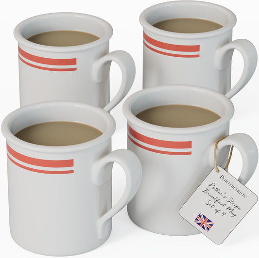 Portmeirion Potters 9oz Ceramic Mug (Set of 4) - Handcrafted Coffee Mugs with Black Stripes - Dishwasher, Microwave, Freezer Safe - Earthenware Mugs for Tea & Coffee Lovers, Unique Mug Set (Black)