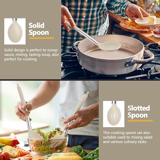 P&P CHEF Khaki Kitchen Cooking Utensil Set of 4, Silicone Solid Spatulas Slotted Spoons Turners for Non-stick Cookware Flipping Mixing, Heat-proof