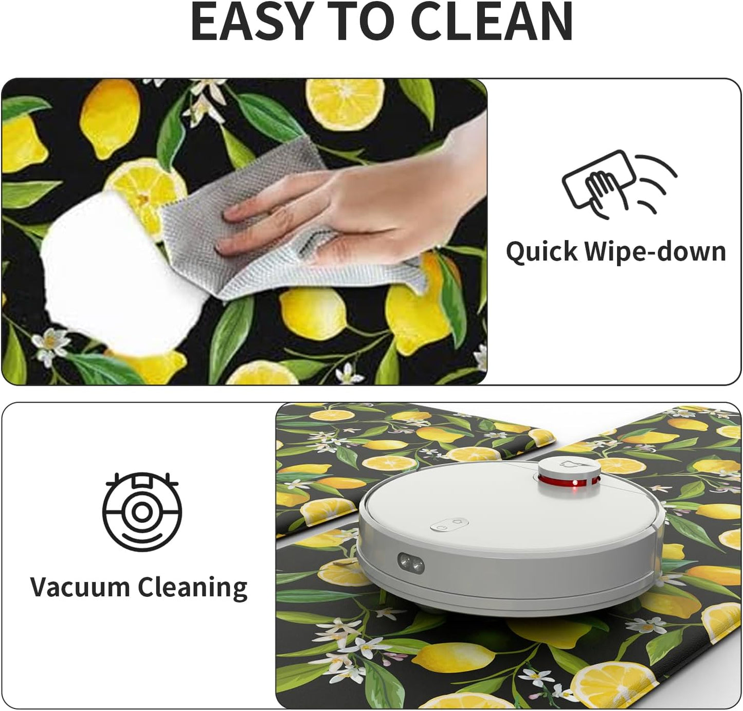 Lemon Kitchen Mats for Floor Set of 2 - Anti Fatigue Mats for Kitchen Floor, Cushioned Non-Skid Washable Memory Foam Rug for Office, Sink, Laundry (17.3"×29"+17.3"×47"-0.47") Black