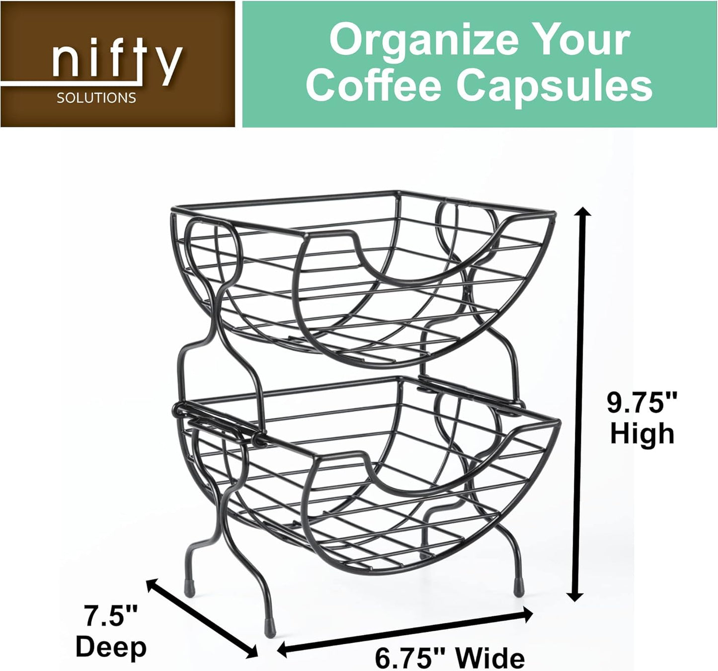 Nifty Single-Serve Wire Coffee Basket – Stacked Two-Tier Coffee Pod Storage Holder, Compatible with K-Cups, Home or Office Kitchen Counter Organizer, Modern Black Design