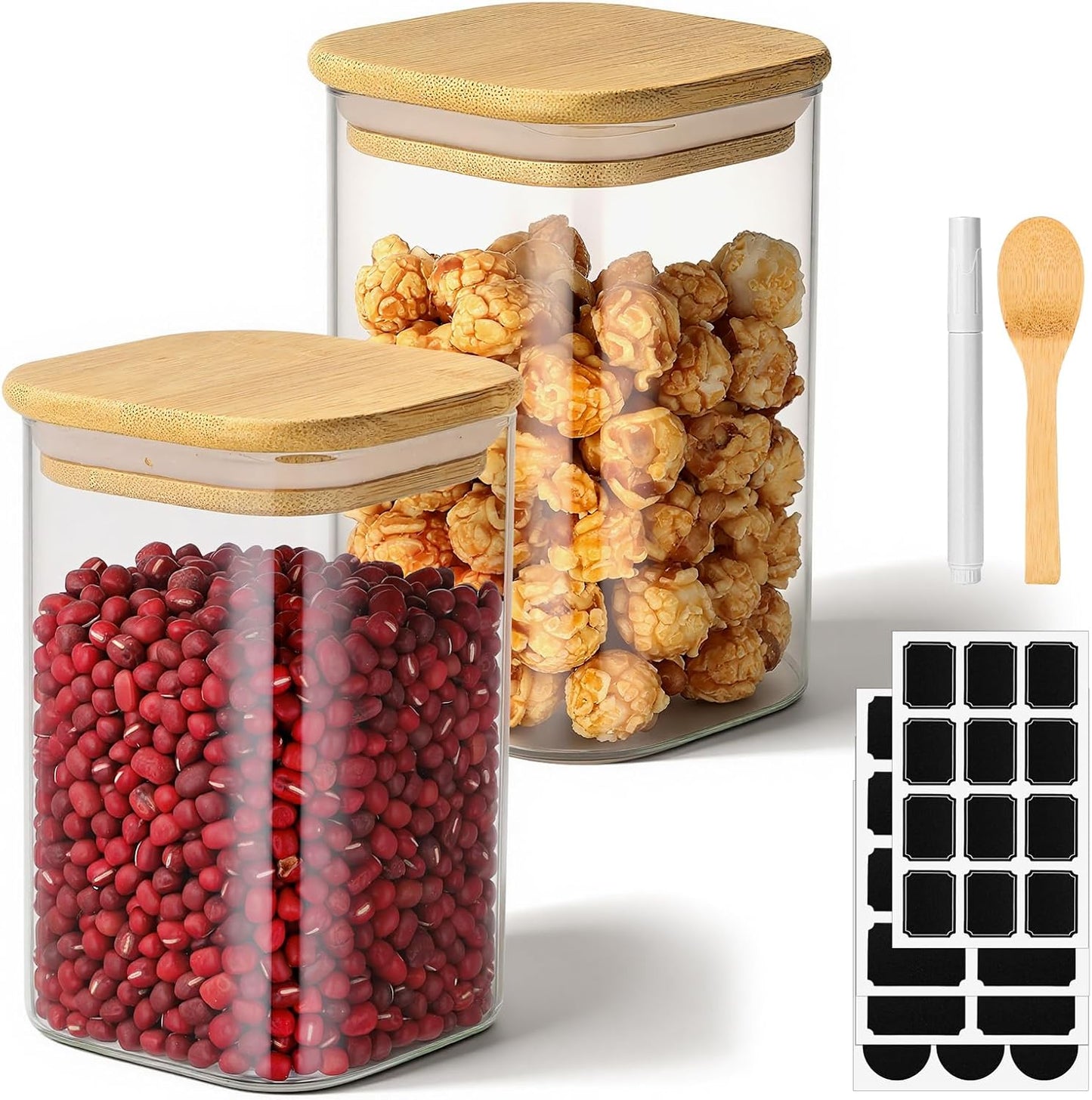 Square Glass Storage Jars, 19 Fl.oz Glass Jars with Bamboo Lids Set of 2, Food Canisters with Airtight Lids, for Coffee Bean, Sugar, Tea, Candy, Cookies - Included Labels, Marker and Spoon