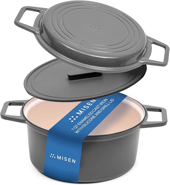 Misen 7 QT Enameled Cast Iron Dutch Oven - Chip-Resistant Enamel Coating - Thick Iron Core For Heat Retention - Large Cooking Surface - Oven Safe, Induction Compatible - Grill and Silicone Lid, Gray