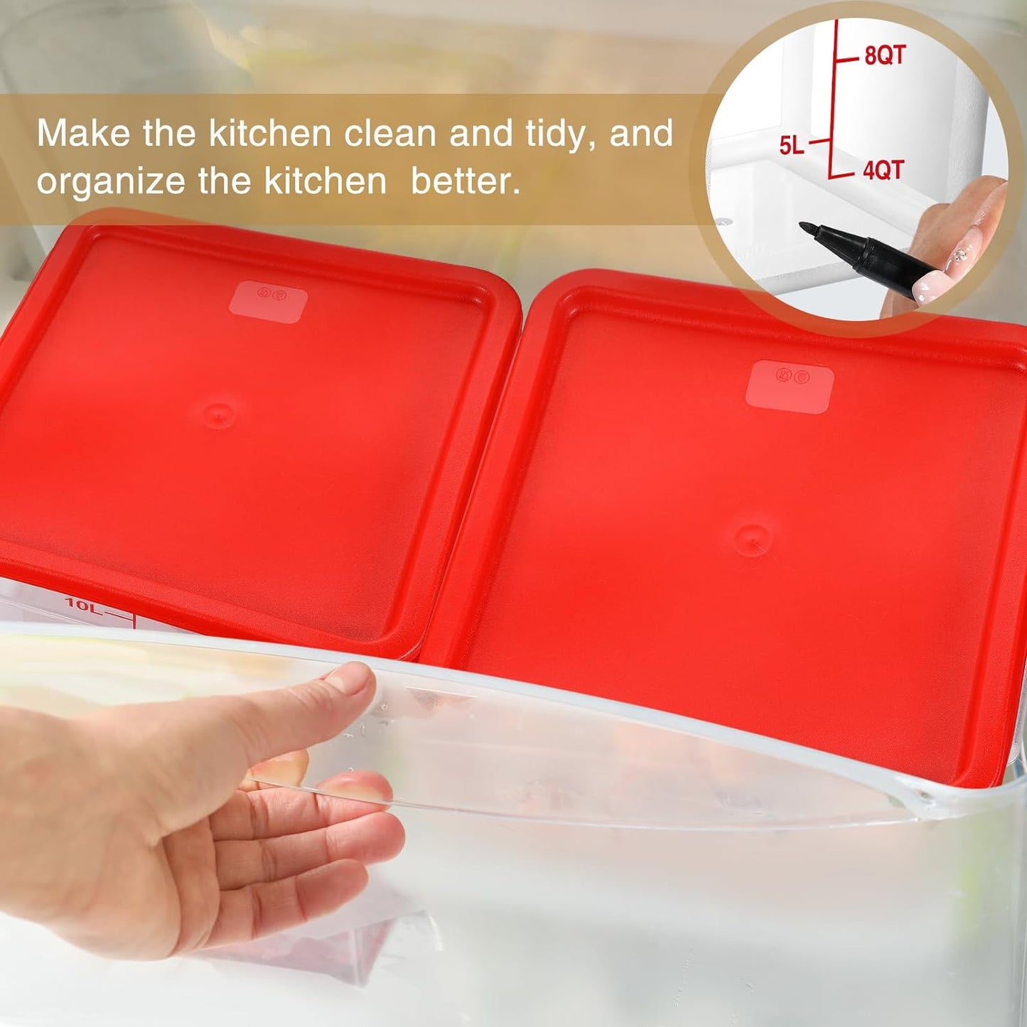 Suclain 2 Pcs Square Food Storage Container Polycarbonate Clear Food Container with Red Lid Commercial Rice Storage with Red Graduations for Commercial Kitchen (6 Quarts)