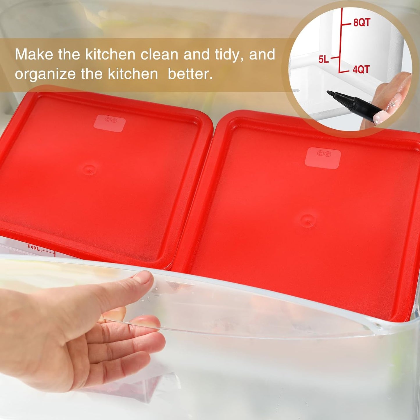 Suclain 2 Pcs Square Food Storage Container Polycarbonate Clear Food Container with Red Lid Commercial Rice Storage with Red Graduations for Commercial Kitchen(2QT)