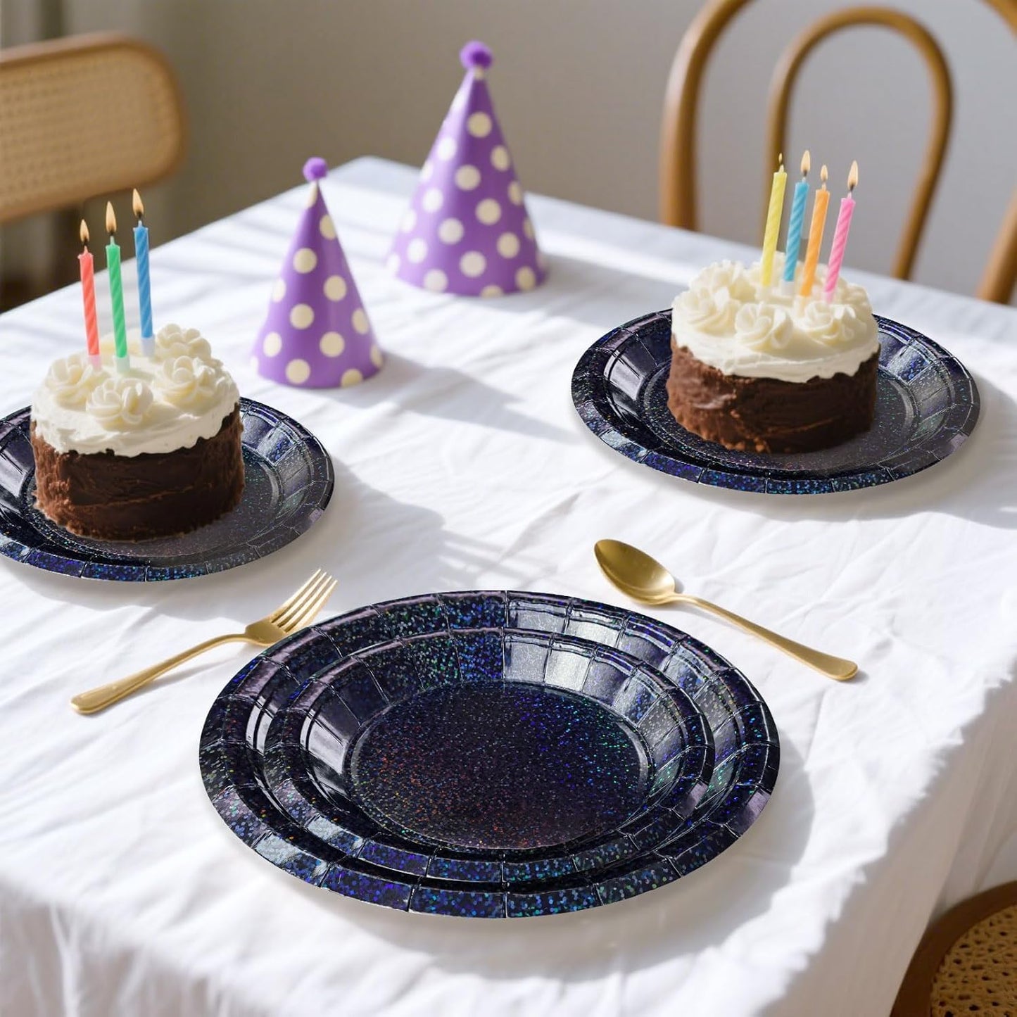 50 Pcs Iridescent Black Paper Plates 25 × 7'' and 25 × 9'' Disposable Black Shiny Holographic Foil Dinner Plates for Wedding Baby Shower Birthday Halloween Party Glitter Dessert Plate