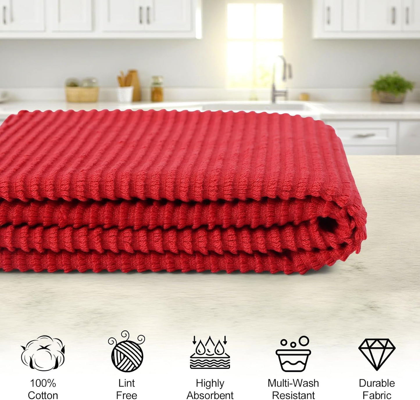 Homaxy Premium Kitchen Towels (18"x 28", 8 Pack), Large 100% Cotton Kitchen Hand Towels, Ultra Absorbent Ribbed Terry Tea Towels Set with Hanging Loop, Red