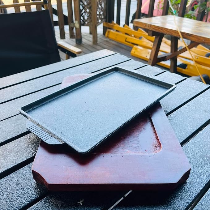 Cast Iron Steak Plate, Grill Pans, Sizzle Griddle with Wooden Base, Steak Pan, Griddle Grill Pan with handles (Plate with Base 7.5" x 4.8")