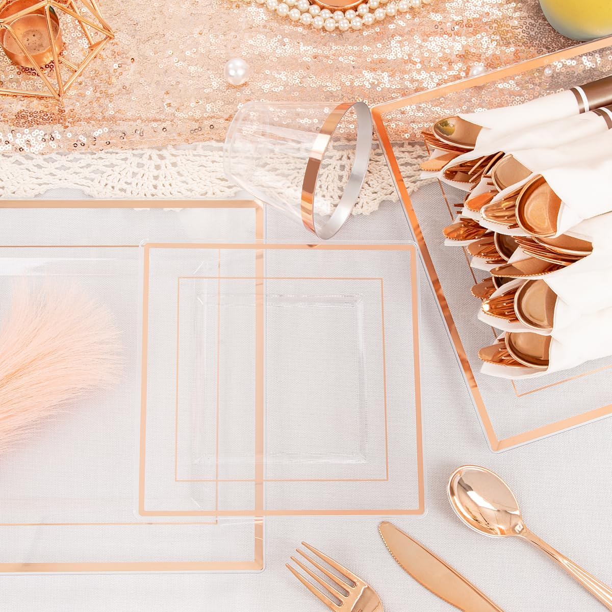 DaYammi 175 PCS Rose Gold Plastic Plates, Rose Gold Plastic Dinnerware Sets Includes: 25 Dinner Plates, 25 Salad Plates, 25 Pre Rolled Napkins with silverware 25 Cups 9 OZ, Perfect for Valentine's Day