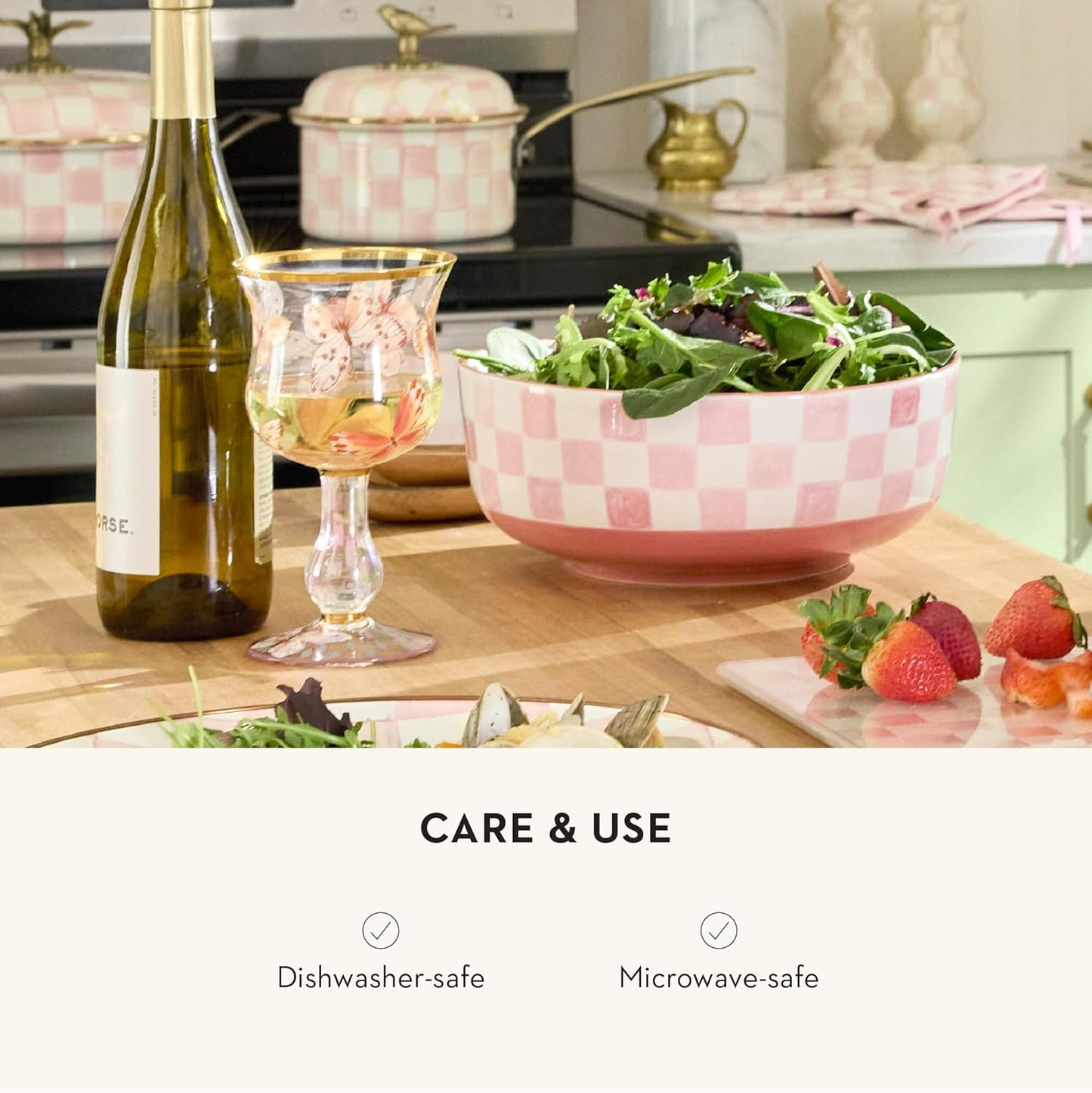 MACKENZIE-CHILDS Stoneware Serving Bowl, Large Decorative Bowl, 14-Cup Capacity, Pink Check