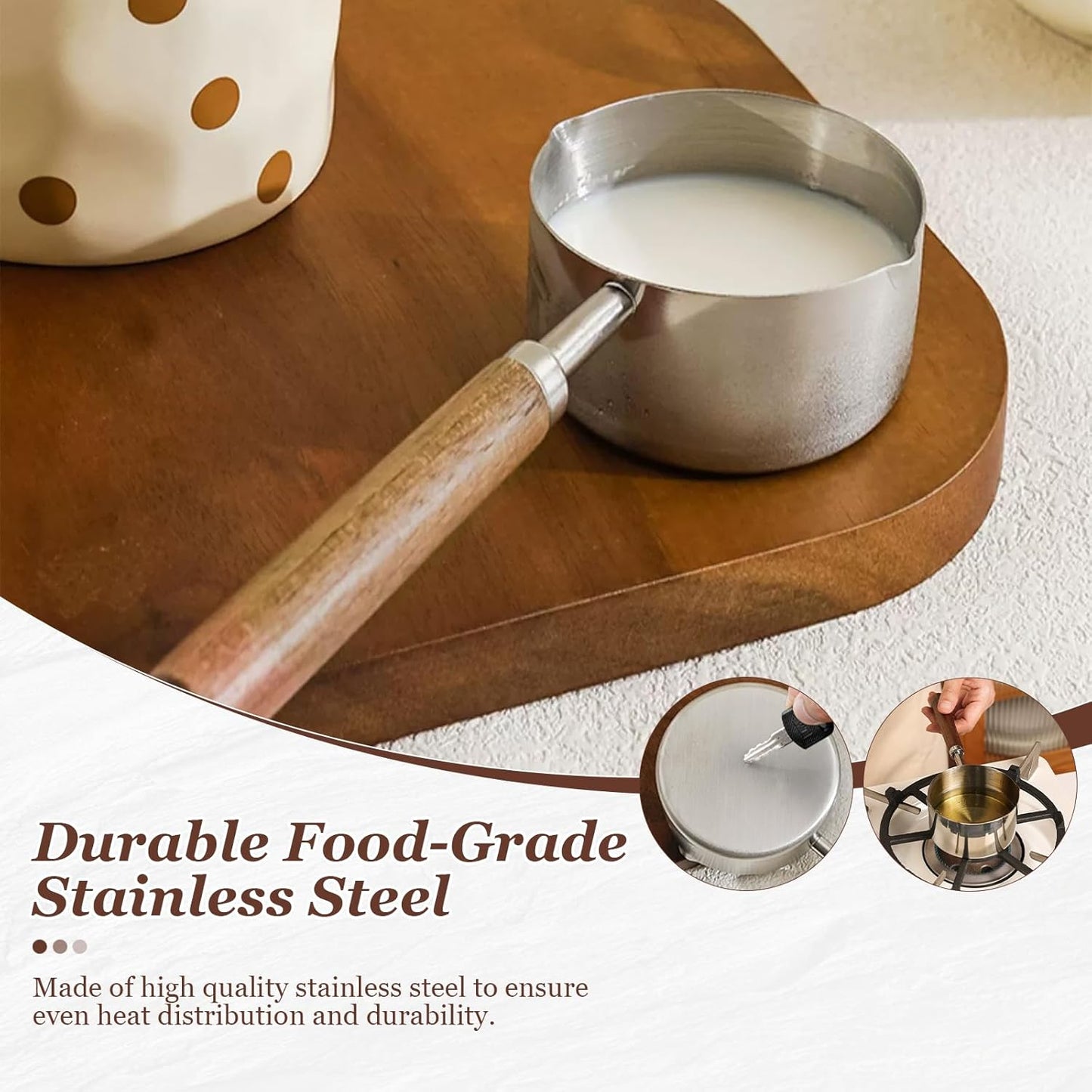 Mini Sauce Pan Cooking Pot with Wooden Handle, Stainless Steel Small Milk Pan and Butter Warmer, with pour spout,250ml