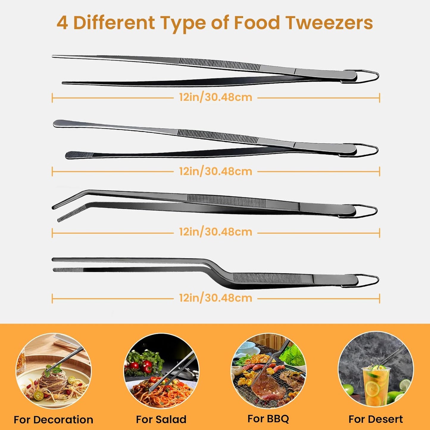 GEEKHOM 4 Pcs 12-Inch Black Heavy Duty Tweezer Tongs, Commercial Grade Stainless Steel for Grill Masters, BBQ Catering & Outdoor Cooking