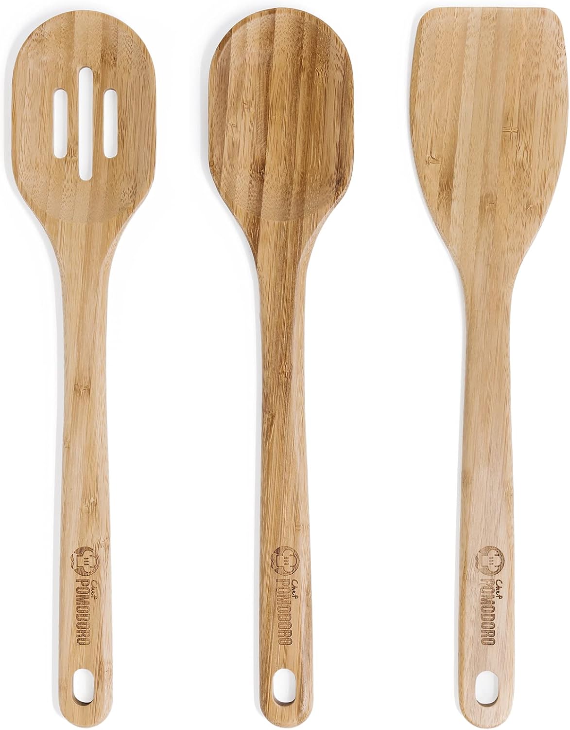 Chef Pomodoro Bamboo Cooking Utensils 3-Piece Set, Large 12.5-Inch Wooden Spatula and Frying Set