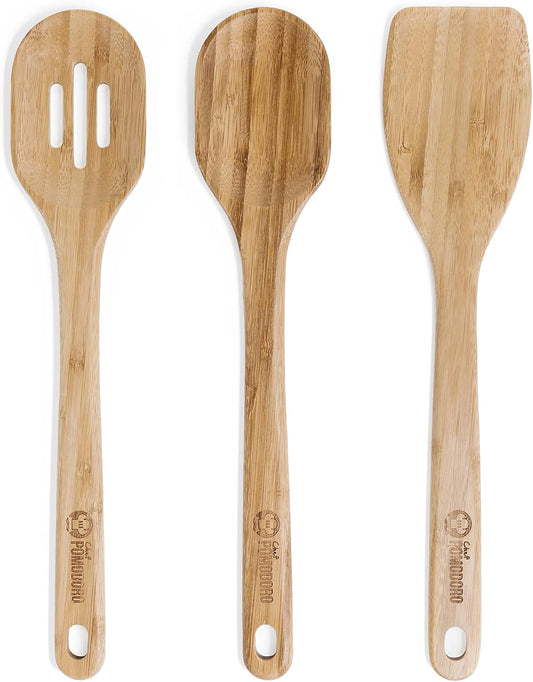 Chef Pomodoro Bamboo Cooking Utensils 3-Piece Set, Large 12.5-Inch Wooden Spatula and Frying Set
